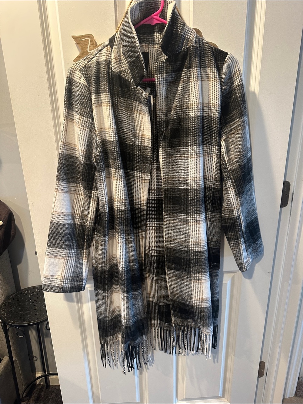 Love Tree Black & White Plaid Fringe Coat